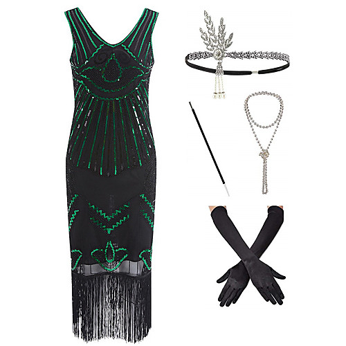 

The Great Gatsby Roaring 20s 1920s Vintage Vacation Dress Flapper Dress Outfits Masquerade Prom Dress Women's Tassel Fringe Costume Dark Green Vintage Cosplay Party Prom / Gloves / Headwear