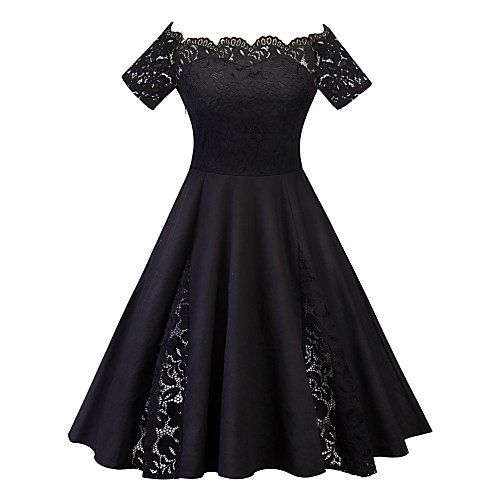

Women's Plus Size Dress Swing Dress Knee Length Dress Black Blue Purple Wine Green Navy Blue Short Sleeve Solid Color Lace Summer Off Shoulder Casual 2021 XL XXL 3XL 4XL 5XL