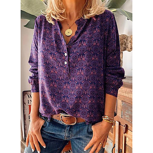 

Women's Blouse Shirt Abstract Long Sleeve Print V Neck Tops Purple Red Wine