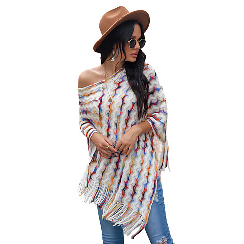 

Women's Basic Tassel Striped Cloak / Capes Sleeveless Sweater Cardigans V Neck Fall Winter White