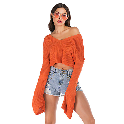 

Women's Basic Knitted Solid Color Plain Pullover Long Sleeve Sweater Cardigans V Neck Fall Winter Orange