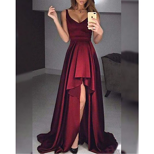 

A-Line Minimalist Sexy Wedding Guest Formal Evening Dress V Neck Sleeveless Sweep / Brush Train Satin with Ruffles 2021