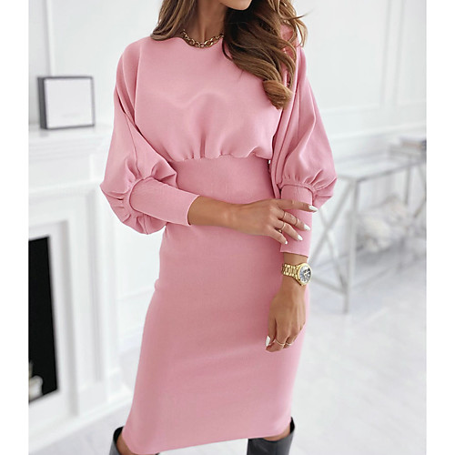 

Women's Sheath Dress Knee Length Dress Blushing Pink Black Long Sleeve Solid Color Fall Round Neck Hot Casual 2021 S M L XL