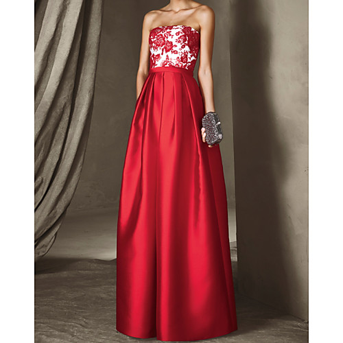 

A-Line Sexy Floral Wedding Guest Formal Evening Dress Strapless Sleeveless Floor Length Satin with Pleats Appliques 2021