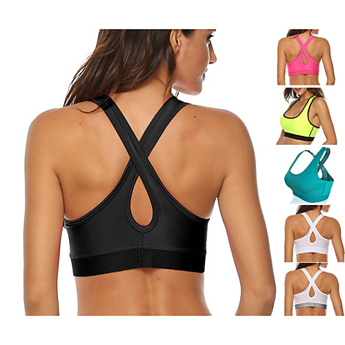 

Women's Sports Bra Medium Support Removable Pad Wireless Fashion White Black Light Green Fuchsia Green Fitness Gym Workout Running Bra Top Sport Activewear High Impact Moisture Wicking Breathable