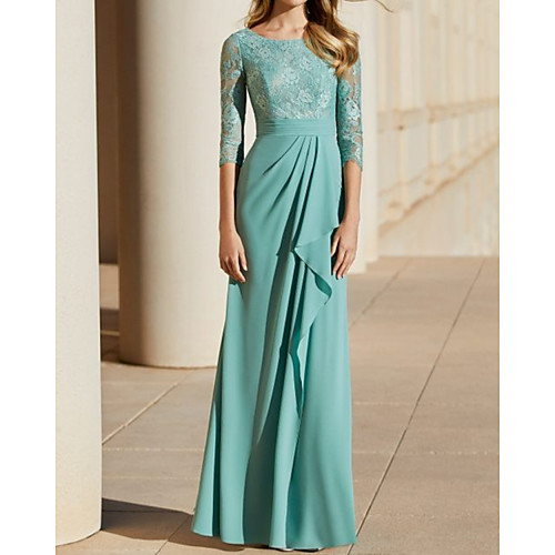 

Sheath / Column Mother of the Bride Dress Elegant Jewel Neck Floor Length Chiffon Lace Half Sleeve with Pleats 2021