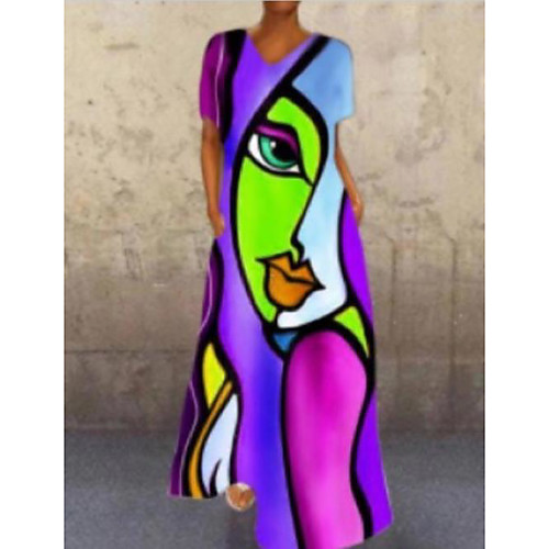 

Women's Shift Dress Maxi long Dress Blue Purple Blushing Pink Green Rainbow Orange Short Sleeve Print Patchwork Print Summer V Neck Casual Loose 2021 S M L XL XXL 3XL