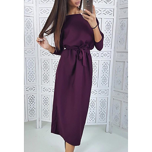 

Women's A Line Dress Knee Length Dress Purple Green Red Long Sleeve Solid Color Patchwork Winter Round Neck Casual 2021 S M L XL XXL