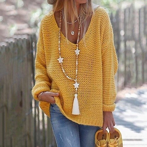 

Women's Basic Knitted Solid Color Plain Pullover Acrylic Fibers Long Sleeve Sweater Cardigans V Neck Fall Blue Yellow Brown