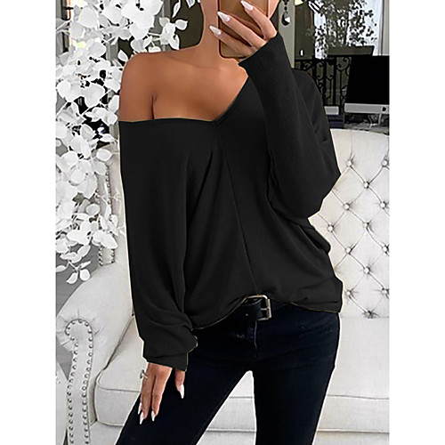

Women's T shirt Solid Colored Long Sleeve V Neck Tops Cotton Basic Basic Top White Black Blue