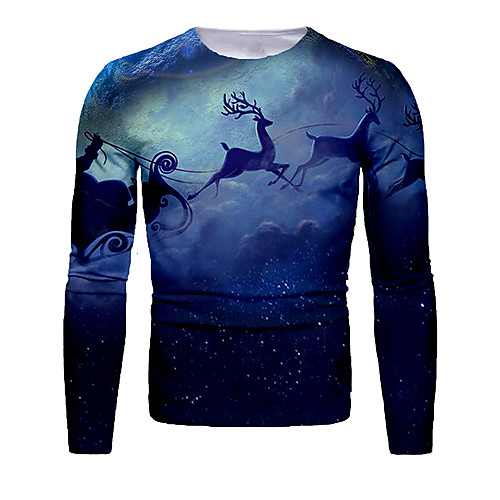 

Men's T shirt 3D Print Graphic 3D Long Sleeve Christmas Tops Basic Blue