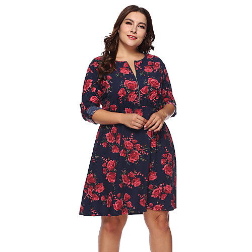 

Women's Sheath Dress Knee Length Dress Dusty Blue 3/4 Length Sleeve Floral Fall Spring Round Neck Casual 2021 XL XXL 3XL / Plus Size