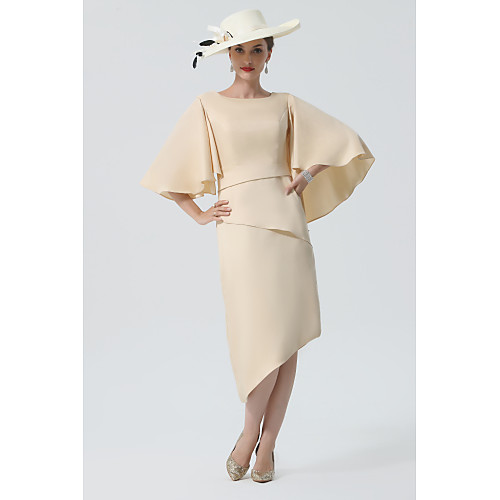 

Sheath / Column Mother of the Bride Dress Elegant Jewel Neck Knee Length Charmeuse Half Sleeve with Tier 2021