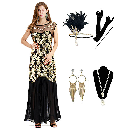 

The Great Gatsby 1920s Vintage Vacation Dress Flapper Dress Outfits Masquerade Prom Dress Women's Costume Black Vintage Cosplay Party Prom / Gloves / Headwear / Necklace / Earrings / Cigarette Stick