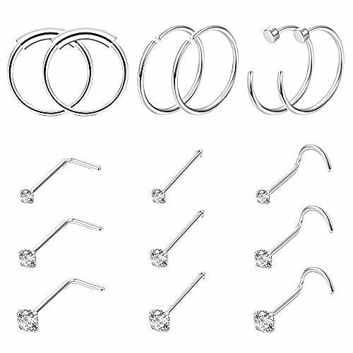 

nose rings hoop studs cartilage earrings body piercing jewelry surgical steel silver 10pcs 22g