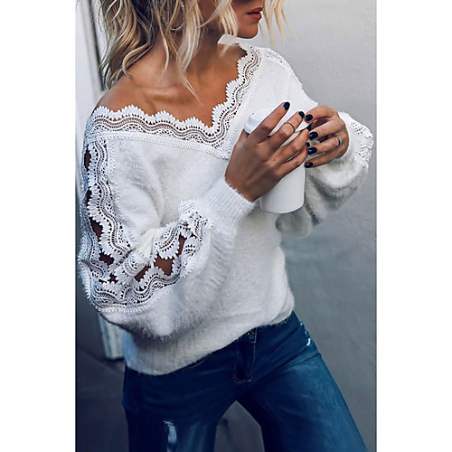 

Women's Basic Knitted Lace Trims Solid Color Plain Pullover Acrylic Fibers Long Sleeve Sweater Cardigans V Neck Fall Winter White Black Gray