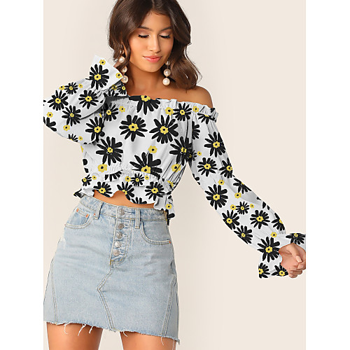 

Women's Crop Top Floral Graphic Prints Flower Long Sleeve Ruffle Print Off Shoulder Basic Tops White Black Yellow