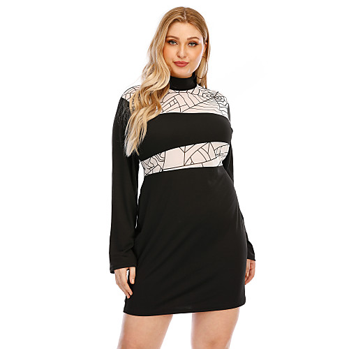 

Women's Sheath Dress Short Mini Dress Black Long Sleeve Print Patchwork Fall Spring Casual 2021 L XL XXL 3XL 4XL / Plus Size