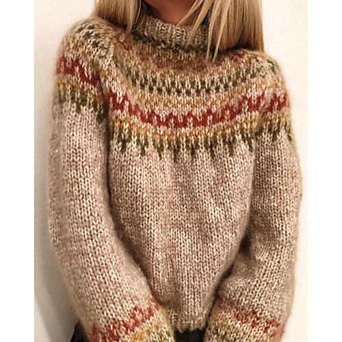 

Women's Stylish Knitted Striped Pullover Long Sleeve Sweater Cardigans Crew Neck Round Neck Fall Beige Gray