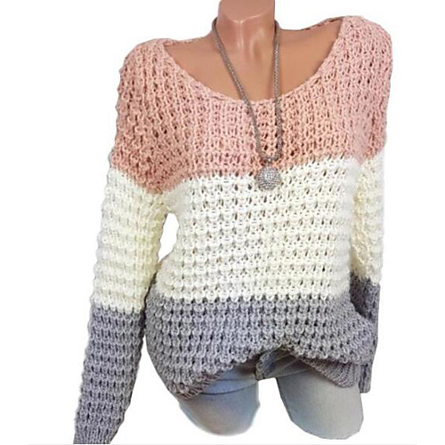 

Women's Basic Color Block Pullover Cotton Long Sleeve Sweater Cardigans Crew Neck Round Neck Fall Winter Red Dark Gray