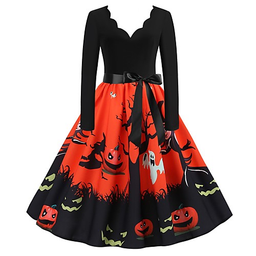 

Women's Halloween A Line Dress Knee Length Dress Blue Orange White Long Sleeve Print Patchwork Bow Print Summer V Neck Hot Elegant Vintage Slim 2021 S M L XL XXL