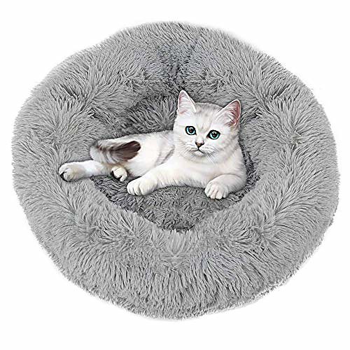 

fluffy pet bed- dog bed for small dogs with round donut shape, pet calming bed for dogs cats rabbit, warm& cozy& machine washable- grey