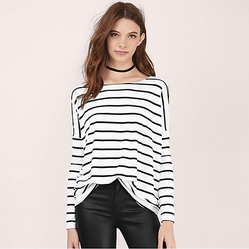 

Women's T shirt Striped Long Sleeve Round Neck Basic Tops White Black Red