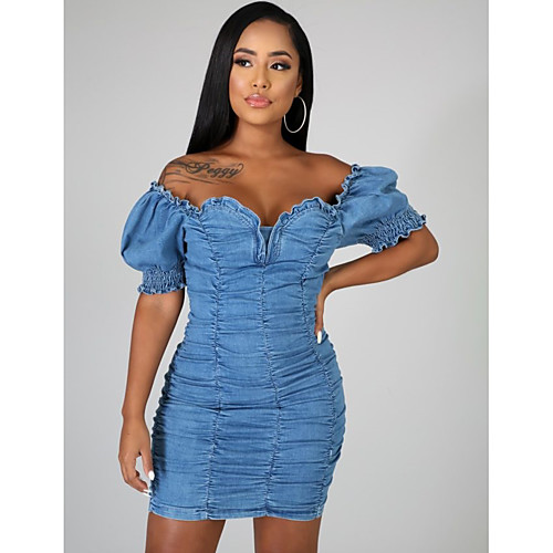 

Women's Sheath Dress Knee Length Dress Blue Short Sleeve Solid Color Ruched Zipper Fall Summer Off Shoulder Sexy Going out Club Lantern Sleeve Skinny 2021 S M L XL XXL / Cotton / Cotton