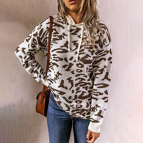 

Women's Basic Knitted Leopard Cheetah Print Cardigan Acrylic Fibers Long Sleeve Plus Size Sweater Cardigans Hooded Fall White Khaki Gray