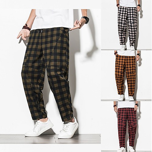 

Men's Chinoiserie Folk Style Outdoor Daily Home Sweatpants Pants Plaid Checkered Ankle-Length Baggy Drawstring Black Red Orange Khaki