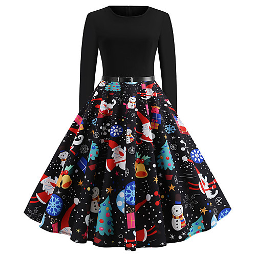 

Women's A Line Dress Knee Length Dress Black Long Sleeve Print Print Fall Round Neck Hot Elegant Christmas Slim 2021 S M L XL XXL
