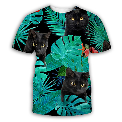

Men's T shirt 3D Print Cat Animal Patterned Graphic Print Short Sleeve Party Tops Vests Chic & Modern Natural Exaggerated Round Neck Green / Black