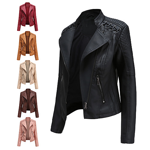 

Women's Faux Leather Jacket Street Fall Winter Regular Coat Regular Fit Warm Casual Cool Jacket Long Sleeve Solid Colored Pocket Light Pink Violet Spring