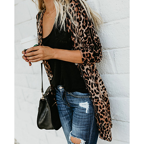 

Women's Coat Daily Spring & Fall Long Coat Regular Fit Sexy Jacket Long Sleeve Leopard Brown