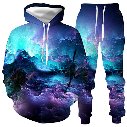 

Men's Activewear Set Graphic 2 Piece Hooded Daily Club 3D Print Casual Hoodies Sweatshirts Long Sleeve Blue