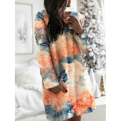 

Women's Shift Dress Short Mini Dress Blue Purple Blushing Pink Khaki Green Rainbow Orange Long Sleeve Tie Dye Print Fall Winter Round Neck Casual 2021 S M L XL
