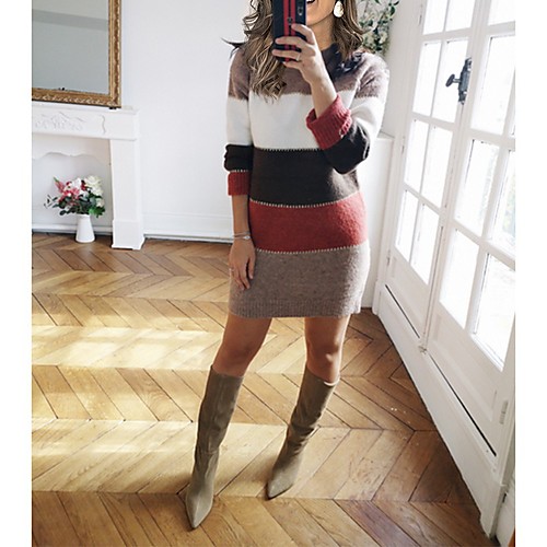 

Women's Sweater Jumper Dress Knee Length Dress Blue Green Red Brown Long Sleeve Color Block Fall Winter Round Neck Hot Casual 2021 S M L XL XXL 3XL