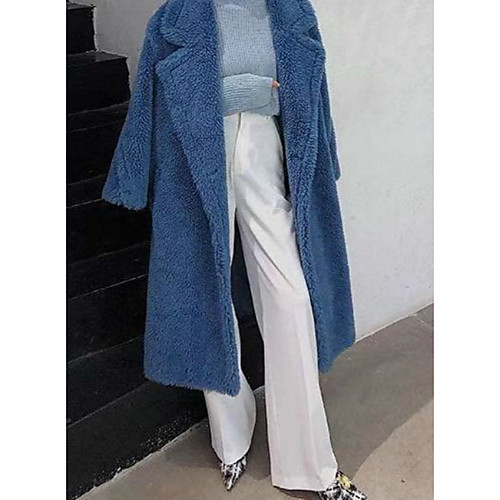 

Women's Coat Daily Fall Winter Long Coat Regular Fit Basic Fashion Jacket Long Sleeve Solid Colored Blue Blushing Pink / Faux Fur / Spring