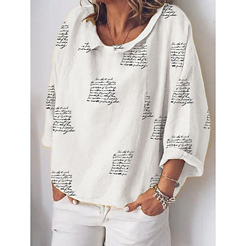 

Women's Blouse Shirt Letter Long Sleeve Print Shirt Collar Tops White