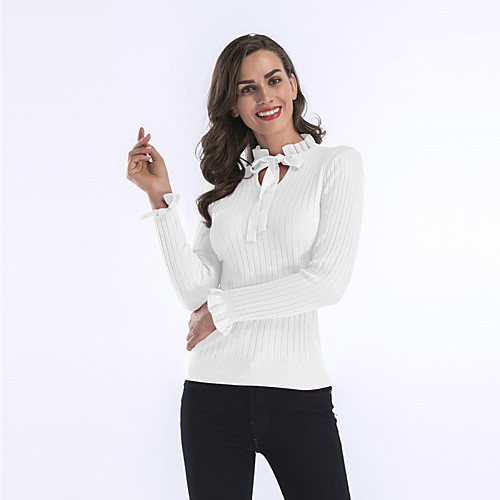 

Women's Blouse Shirt Solid Colored Long Sleeve Knotted Halter Neck Basic Tops White Black Red