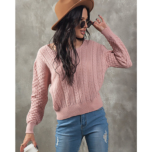 

Women's Basic Solid Color Plain Pullover Long Sleeve Sweater Cardigans Crew Neck Round Neck Fall Winter Blushing Pink