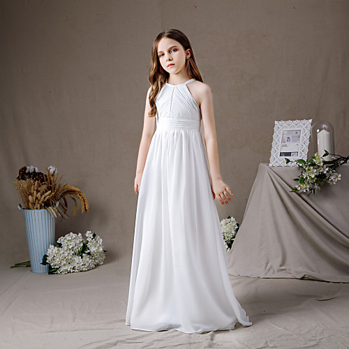 

A-Line Floor Length Junior Bridesmaid Dress Party Chiffon Sleeveless Jewel Neck with Pleats