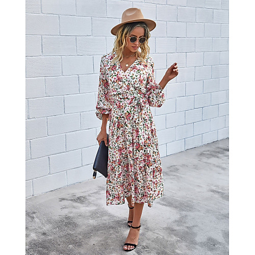 

Women's A Line Dress Midi Dress White Red Brown Long Sleeve Floral Ruched Lace up Print Fall Spring V Neck Hot Casual Holiday 2021 S M L XL / Cotton / Cotton