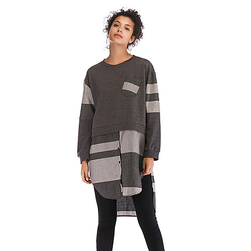 

Women's T shirt Dress Color Block Long Sleeve Patchwork Print Round Neck Basic Tops Dark Gray