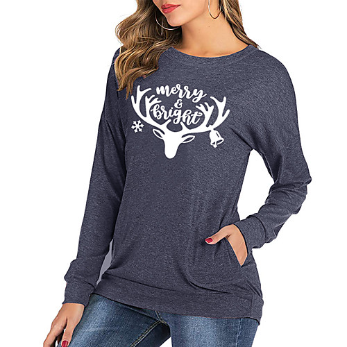 

Women's Christmas T shirt Graphic Letter Animal Long Sleeve Print Round Neck Basic Tops Cotton Black Blushing Pink Green