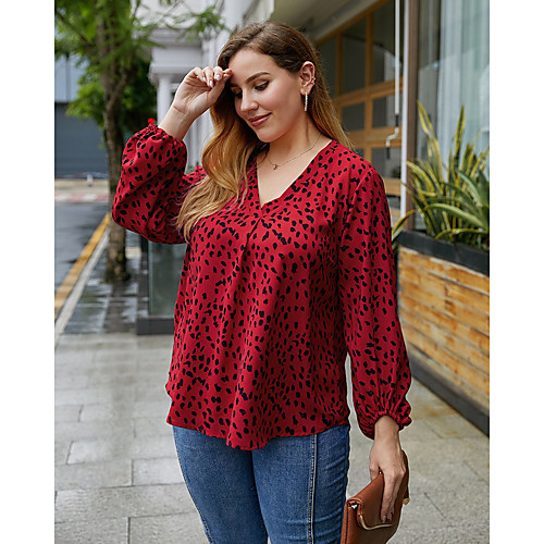 

Women's Plus Size Blouse Shirt Polka Dot Long Sleeve V Neck Basic Tops Red Khaki Navy Blue