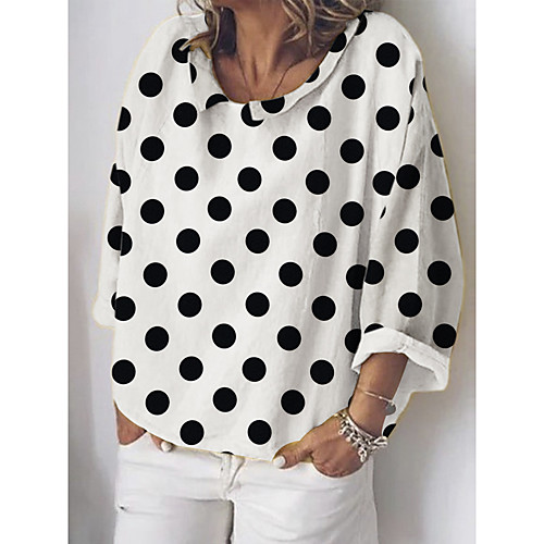 

Women's Blouse Shirt Polka Dot Long Sleeve Round Neck Tops White Blue Khaki