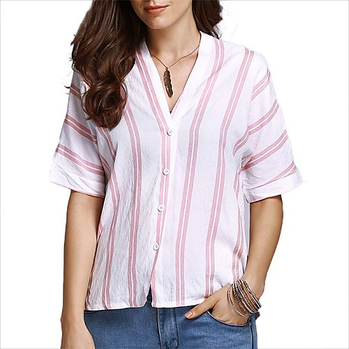 

Women's Blouse Shirt Striped V Neck Basic Tops Black Blue Blushing Pink