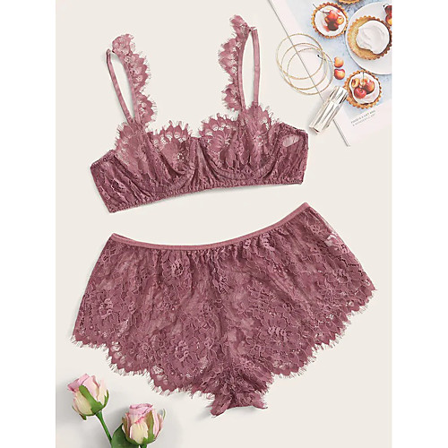 

Women's Mesh Lace Super Sexy Suits Nightwear Jacquard Solid Colored Embroidered Dusty Rose S M L / Strap / Deep V / Strap