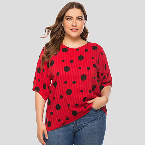 

Women's T shirt Polka Dot Print Round Neck Basic Tops Red Yellow